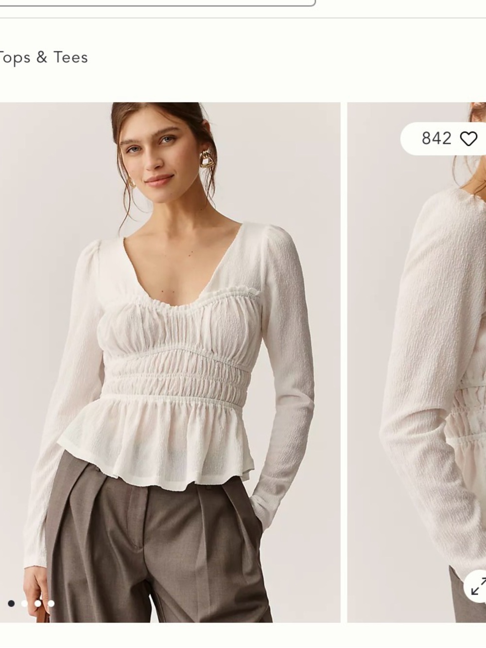 Anthropologie White Smocked Peplum Long-Sleeve Blouse